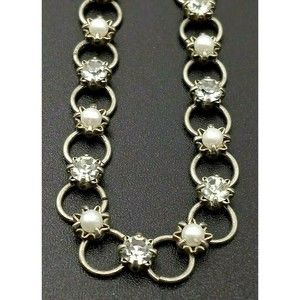 Clear Rhinestone Faux Pearl Choker Necklace Silver Tone Chain Link AfterThoughts